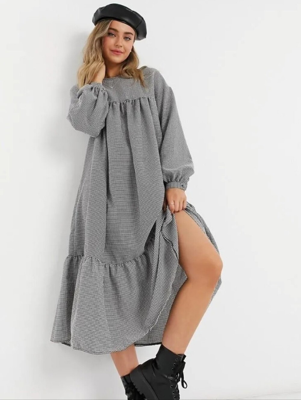 Asos Design Gingham Midi Dress Oversized Flowy Black White Peasant Cottagecore 8